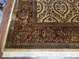 Vintage Indo Persian Area Rug 9x12, Wool Hand-Knotted Ivory & Dark Red Oriental Carpet, Fine Weave 9 x 12 Indian Rug, Dining Room Rug
