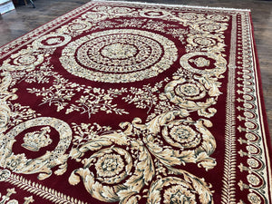 Aubusson Rug 9x12, Wool Handmade Carpet, Elegant French European Design, Dark Maroon Red, 9 x 12 Room Sized Rug, Finely Hand Knotted