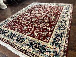 Indo Persian Rug 8x10, Floral Allover with Bird Pictorials, Maroon and Navy Blue, Handmade Wool Area Rug