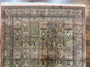 Magnificent Persian Silk Rug 3.7 x 5, Persian Qum Rug, Panel Design, Kheshti Garden, Extremely Fine 650 KPSI - 70 Raj, Hand Knotted, Vintage, Multicolor
