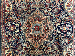 Persian Qum Rug 5x7 in Navy Light Blue and Ivory, Wool wilh Silk Highlights, 225 KPSI