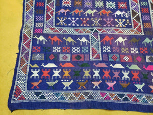 3' X 7' Vintage Handmade Indian Wool Kilim Flat weave Rug Camel Birds Blue Geometric Short Runner