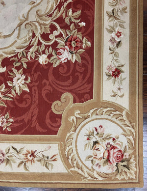 Aubusson Needlepoint Rug 5x8, Red Ivory Tan, Vintage Needlepoint Carpet 5 x 8 ft, Handmade Hand woven Wool, French European, Medium Size Rug