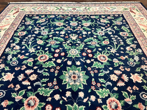 Indo Persian Rug 9x12, Wool Hand Knotted Vintage Carpet, Navy Blue & Ivory, Floral Allover Oriental Rug, 9 x 12 Room Sized Traditional Rug