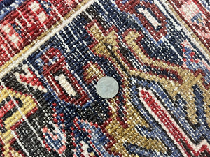 Persian Heriz Rug 9x11 ft, Geometric Rug 9 x 11, Red Room Sized Semi Antique Vintage Wool Hand Knotted Oriental Carpet