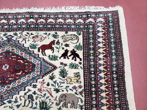 Vintage Indo Persian Area Rug 4.7 x 7.6, Wool Hand-Knotted Ivory Carpet, Animal Pictorials, Elephants Horses Lions, Indian Carpet, Unique