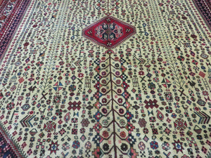 7' X 10' Vintage Handmade Indian Floral Wool Rug Hand Knotted Carpet Ivory Red