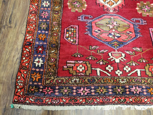Antique Persian Karajeh Runner Rug 4.4 x 11 ft, Red Colorful Geometric Medallion Runner