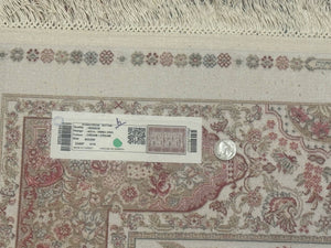 Turkish Silk Runner Rug 2.6 x 8, Hunting Design, Ivory, Bamboo Silk, New