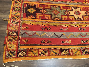 Unique Moroccan Rug 7x10, Room Sized Carpet, Red Orange Gray, Wool Oriental Striped Geometric Tribal Boho Rug, Flatweave with Raised Pile