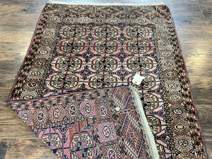 Persian Turkoman Rug 4x6, Wool Hand Knotted Antique Bokhara Carpet, Red Pink, Handmade Tribal Oriental Rug 4 x 6 ft