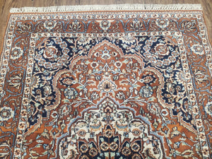 Antique Indian Kashmiri Area Rug 4x6, Wool Hand-Knotted Red & Ivory Floral Medallion Persian Carpet, Vintage Oriental Entryway Rug 4 x 6
