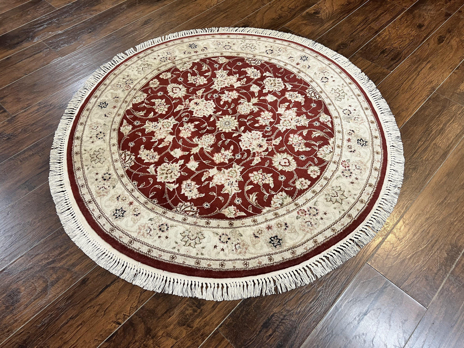 Sino Persian Round Rug 4x4, Wool Hand Knotted Oriental Carpet, Maroon & Ivory Vintage Rug, Floral Rug, Traditional Rug 4 x 4, Fine Rug