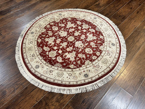 Sino Persian Round Rug 4x4, Wool Hand Knotted Oriental Carpet, Maroon & Ivory Vintage Rug, Floral Rug, Traditional Rug 4 x 4, Fine Rug