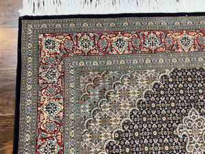 Persian Tabriz Rug 5x7, Wool with Silk Highlights, Hand Knotted Vintage Oriental Carpet, Very Fine, Herati Mahi Pattern, Black, Rare