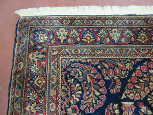 Antique Persian Sarouk Rug 4x6, Hand Knotted 1920s Oriental Carpet 4 x 6 ft, Navy Blue and Red Wool Rug, Handmade Floral Allover Persian Area Rug