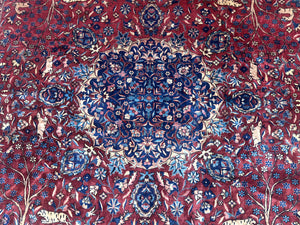Antique Indo Persian Kerman Rug 9x12 Red Manchester Wool Animal Pictorials, Fine 290 KPSI