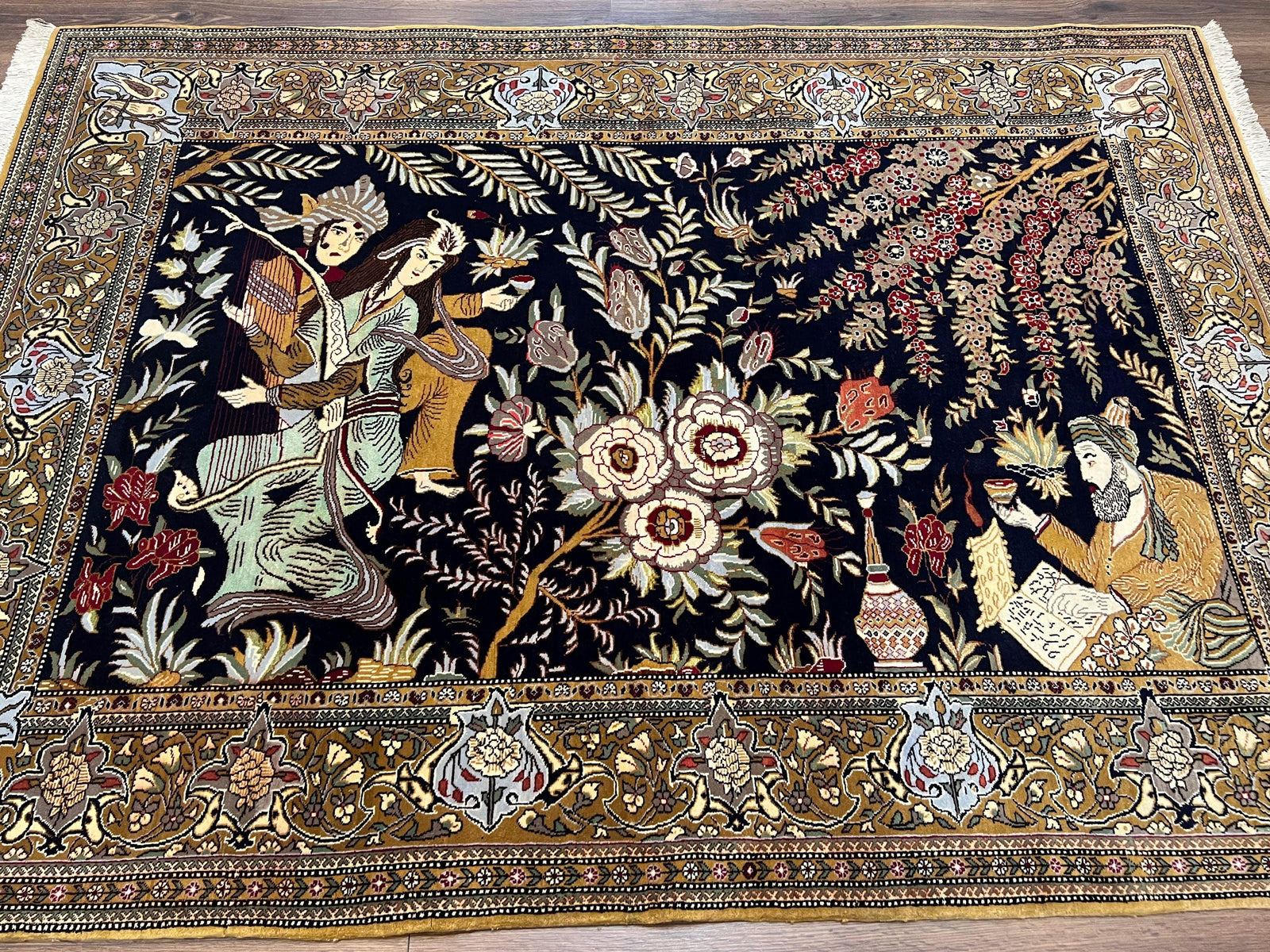 Persian Qum Pictorial Rug 4.8 x 6.5 - Layla & Majnun, Birds