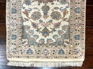 Indo Persian Runner Rug 2.5 x 9.5, Handmade Vintage Wool Rug for Hallway, Floral, Ivory