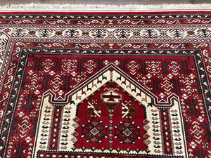 Wool Kazak Pattern Rug 7x10, Geometric Pakistani Hand Knotted Carpet, Large Medallion, Red Cream Dark Green, Room Sized Vintage Oriental Rug