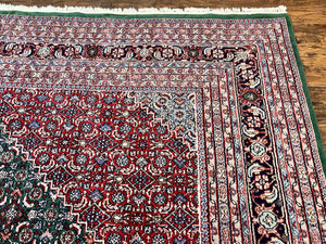 Indo Persian Rug 10x14, Bidjar Rug 10 x 14, Wool Hand Knotted Vintage Carpet, Red & Green Herati Pattern, Large Room Sized Oriental Rug