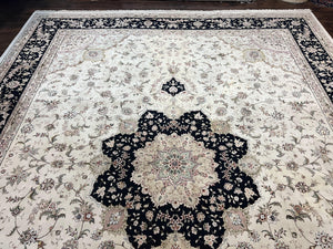 Sino Persian Rug 12x15, Ivory and Black, Floral Medallion Carpet, Large Palace Size Oriental Rug, Wool and Silk Highlights, Vintage Rug