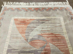 3' X 5' Handmade Modern Chinese Accent Rug - Silk on Cotton Carpet - Abstract Contemporary Design - Beige and Orange