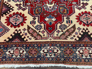 Antique Persian Heriz Rug 8x12 ft, Geometric Tribal Room Sized Carpet, Camel Hair Red Navy Blue, Wool Hand Knotted Medallion Oriental Carpet