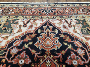 Vintage Indo Heriz Area Rug 8x10, Indo Persian Carpet 8 x 10, Red Dark Blue & Beige/Cream Indian Rug, Decorative Pattern, Wool, Hand-Knotted