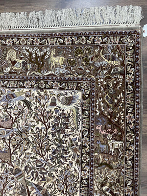 Persian Isfahan Rug 5x8 - Tree of Life, Animal Pictorials, Kork Wool & Silk