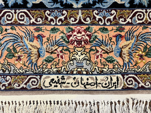 Wonderful Persian Isfahan Rug 3.7 x 5, Kork Wool on Silk Foundation, Very Fine 460 KPSI, Tree of Life Persian Vase Design Animal Pictorials Peacocks