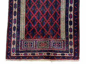 3x5 Vintage Handmade Tribal Wool Rug Balouchi Prayer Rug Afghan Rug Red Blue Wow