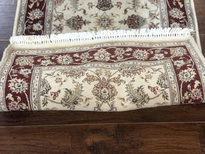 Pak Persian Runner Rug 2.8 x 8, Handmade Vintage Carpet, Beige and Maroon, Wool and Silk Highlights