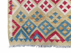 3x5 Kilim Rug Multicolor Tribal Kilim Rug 3 x 5 Tan Light Blue Red Beige New Turkish Anatolian Wool Kilim Flatweave Rug