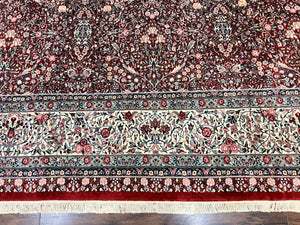 Pak Persian Rug 11x15, Wool & Silk Highlights Hand Knotted Vintage Carpet, Red Cream, Floral Allover, Oversized Kirman Rug