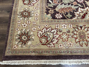 Vintage Indian Rug 9x12, Sultanabad Area Rug 9 x 12, Wool Hand Knotted Living Room Oriental Carpet, Eggplant and Khaki Color, Teawashed Rug