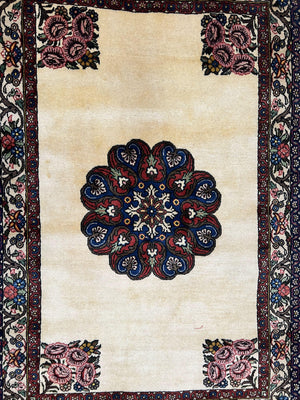Persian Bidjar Rug 3x5, Open Field Medallion, Hand Knotted, Ivory/Cream Red Blue, Wool Oriental Bijar Carpet, 3 x 5 Vintage Area Rug, Floral Roses, Fine