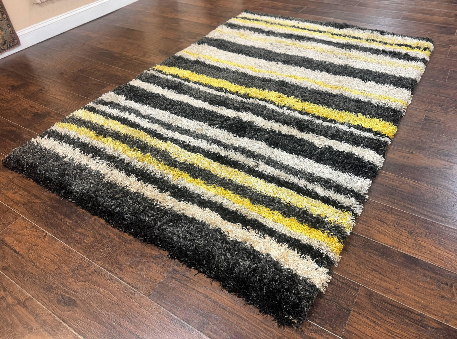 Shag Rug 5x8, Yellow Ivory Charcoal, Contemporary