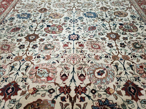 Antique Persian Tabriz Rug 9x12, Hand Knotted Oriental Carpet 9 x 12 ft, Vintage Wool Room Sized Rug, Cream and Red, Floral Allover Handmade Rug