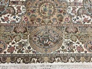 Sino Persian Rug 9x12, Wool on Silk Foundation Hand Knotted Ivory Vintage Carpet, Birds Design, Very Fine Room Sized Floral Oriental Rug