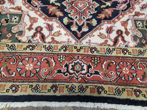 Vintage Indo Heriz Area Rug 8x10, Indo Persian Carpet 8 x 10, Red Dark Blue & Beige/Cream Indian Rug, Decorative Pattern, Wool, Hand-Knotted