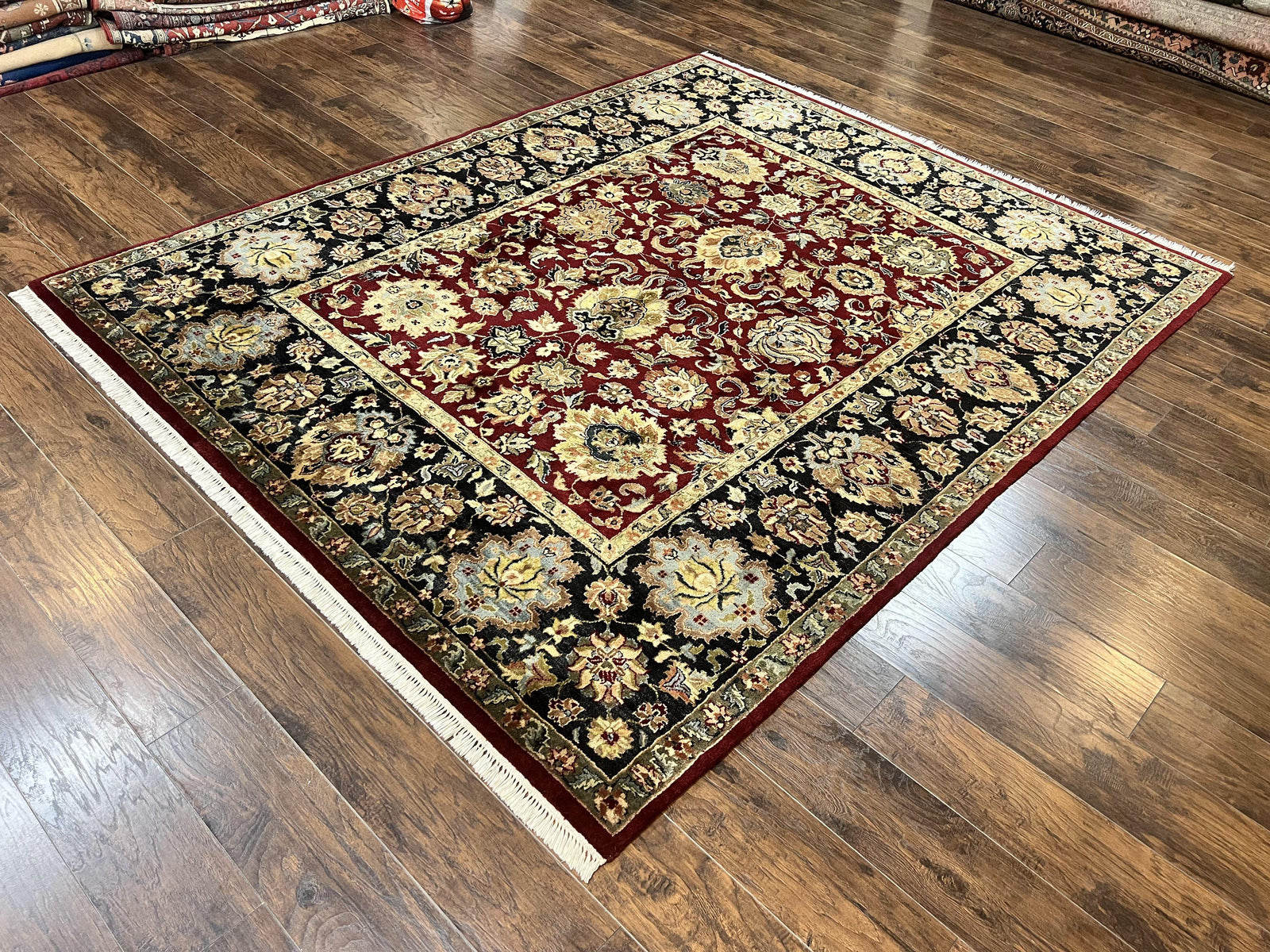 Indo Persian Rug 8x10, Wool Hand Knotted Vintage Carpet, Dark Red, Indian Mahal Rug, Agra Design, 8 x 10 Room Sized Oriental Rug