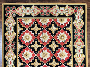 Runner Rug 4x19, Panel Design Rug, Custom Made Stark Runner Carpet, Wool, Vintage 4 x 19 Hallway Rug, European Design, Red Black Ivory Tan