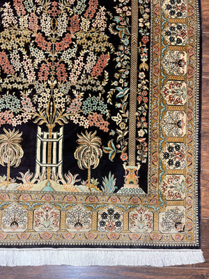 Wonderful Sino Persian Silk Rug 4x6, Tree of LIfe Design, Masterpiece 575 KPSI, Birds, Prayer Rug, Black, Silk on Silk