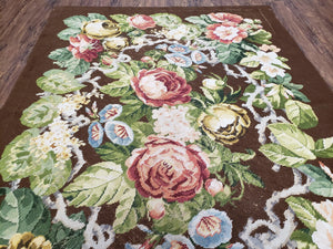 Floral Needlepoint Rug, Medium Rug, Vintage Area Rug, Handmade Flat Weave Rug, Dark Brown Rug, Multicolor Large Colorful Flowers, 6x8