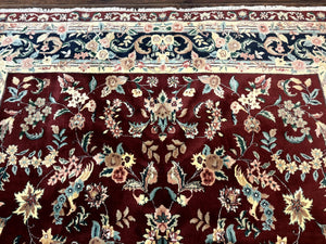 Indo Persian Rug 8x10, Floral Allover with Bird Pictorials, Maroon and Navy Blue, Handmade Wool Area Rug
