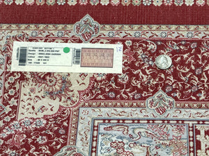 Turkish Silk Runner Rug 2.6 x 11.6, Panel Design, Dark Red Ivory, Bamboo Silk, New