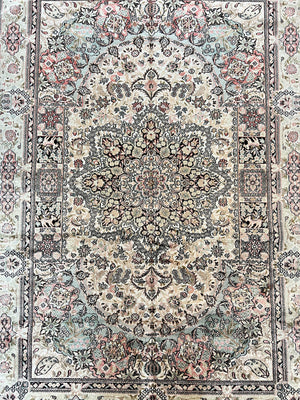 Silk Indian Kashmiri Rug 4x6, Handmade, Ivory, Fine 240 KPSI