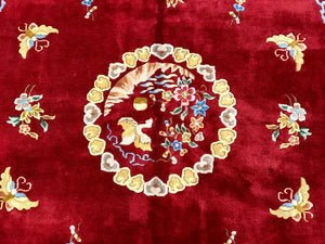 Indo Chinese Wool Rug 9x12, Red Art Deco Carpet, Vintage