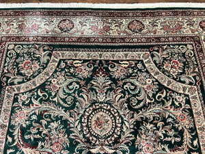 Pak Persian Rug 9x12, Dark Green and Cream, Floral Medallion, Elegant Handmade Wool Carpet 9 x 12